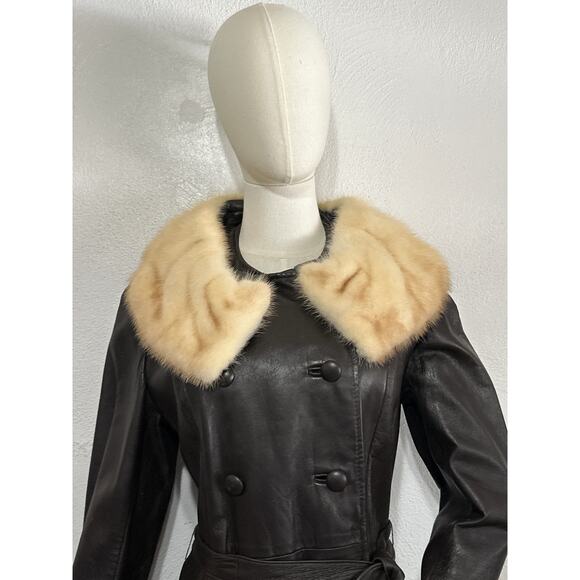 VTG Stunning 70s Leather Fur Funnel High Neck Trench Penny Lane Coat M Brown - Picture 9 of 16